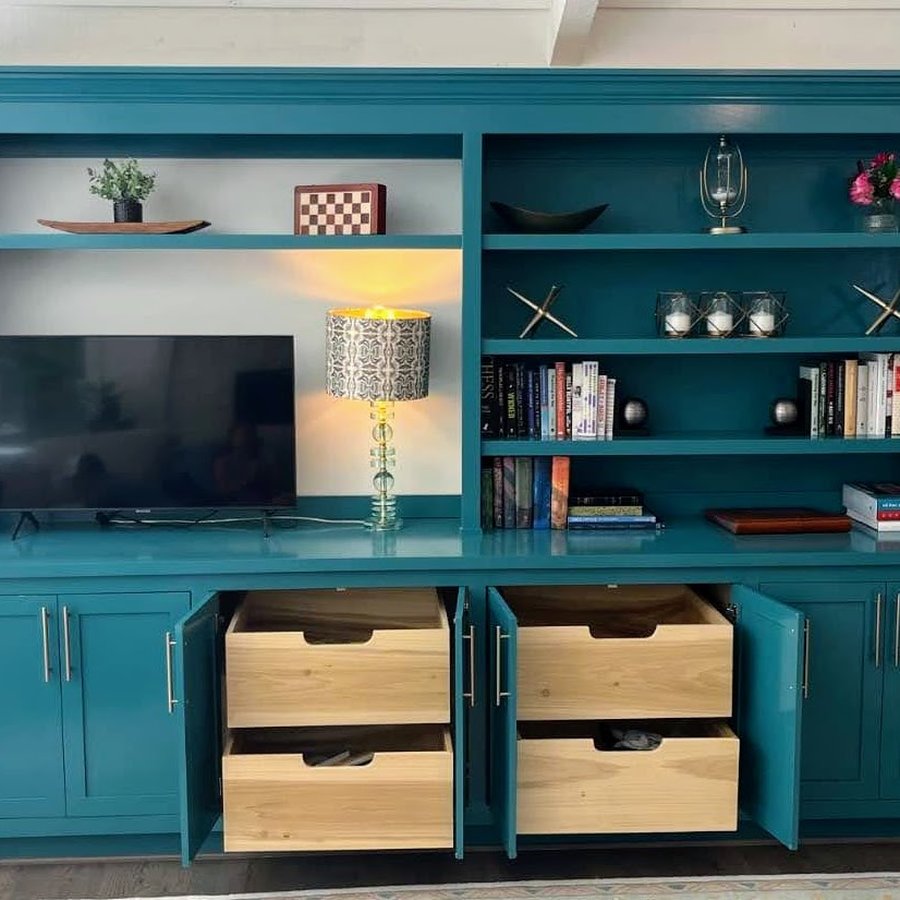 Detail of pull-out cedar drawers built into the base cabinets